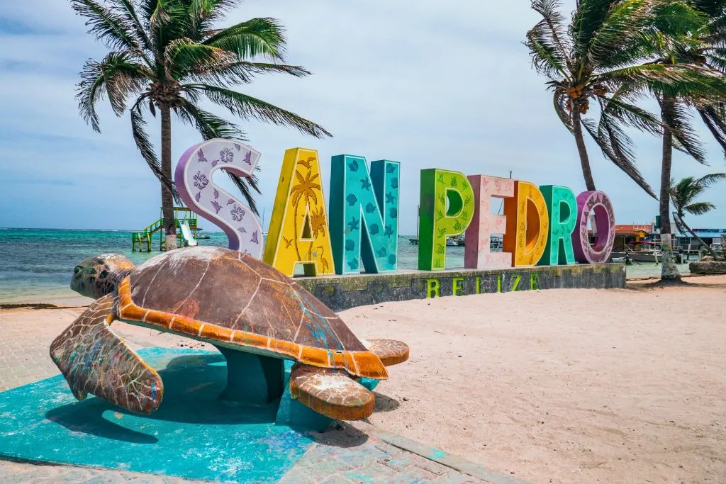 A colorful San Pedro Belize sign with a sea turtle sculpture.