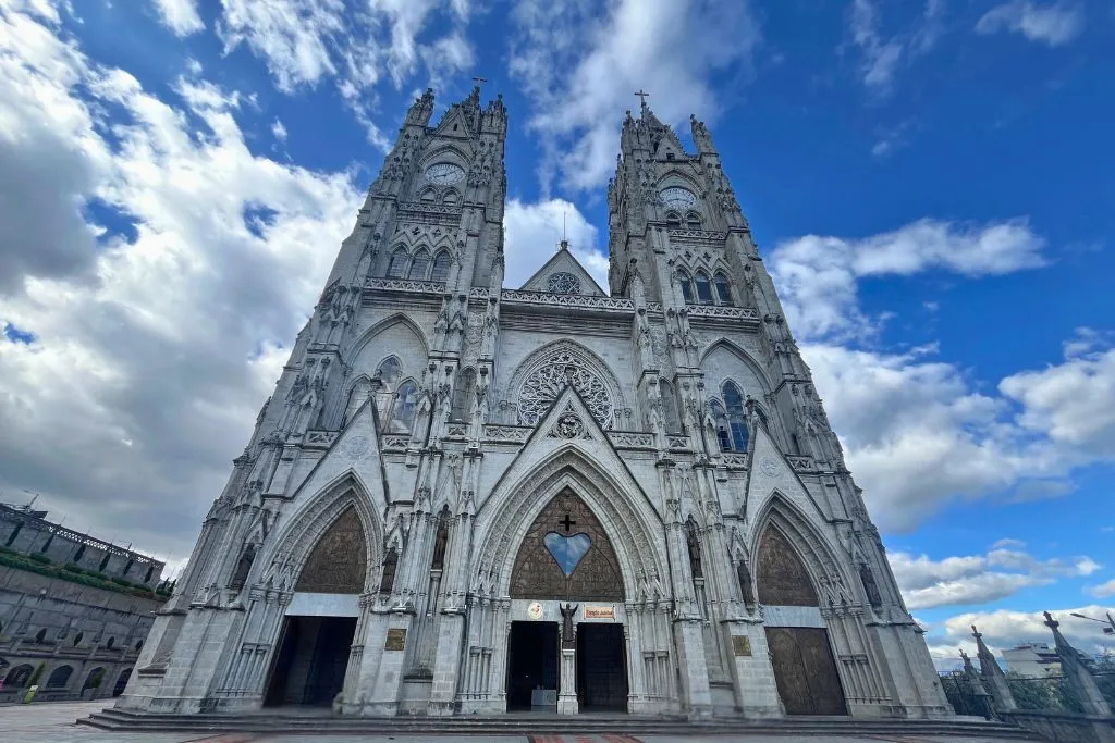 The exterior entrance of the Basilica Del Voto Nacional. This is the tallest (115 meters) neo-Gothic church in South America.