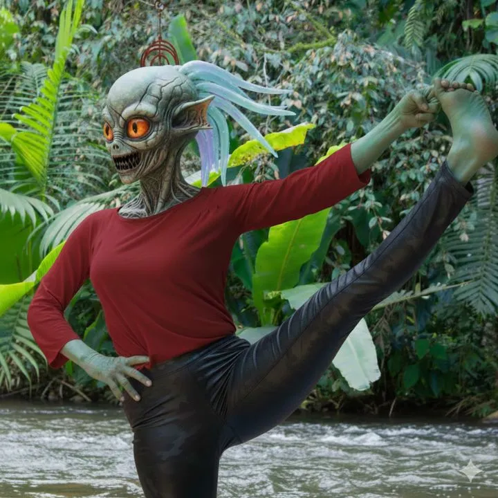 An alien woman doing Ashtanga Yoga in Mindo Ecuador by the Cinto river.