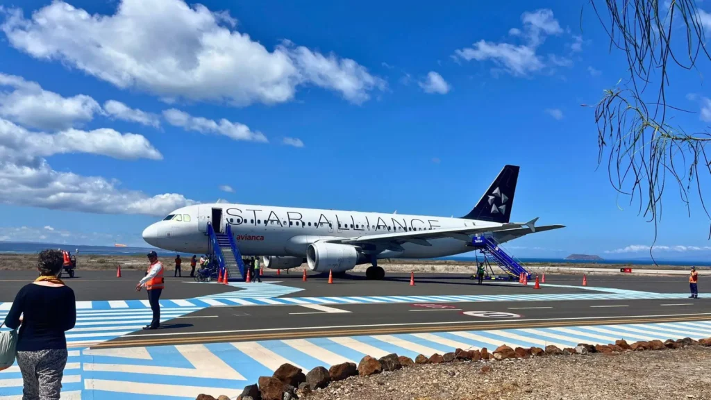 An Avianca airplane on the tarmac at Seymour Galapagos Ecological airport (GPS).